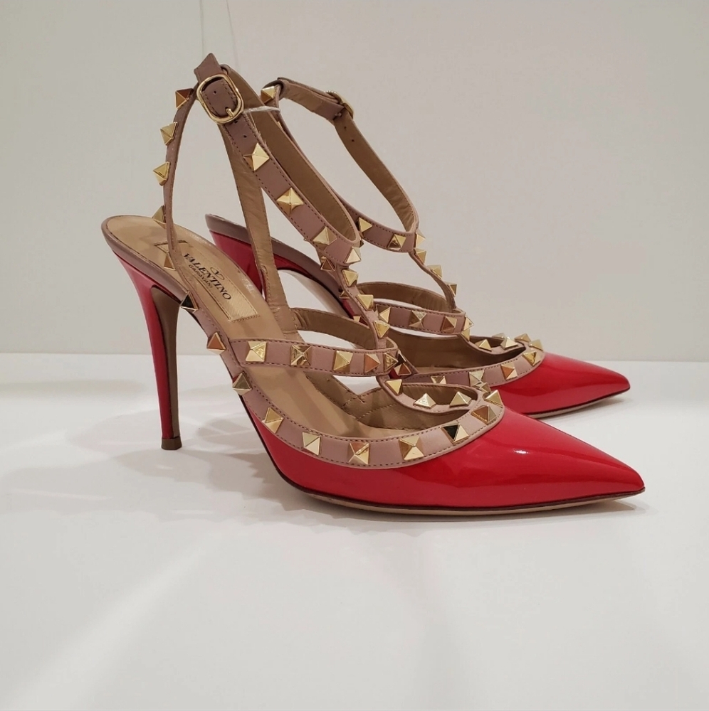 100% AUTHENTIC VALENTINO GARAVANI ANKLE STRAP RED LEATHER PATENT HEELS PUMP 37 7